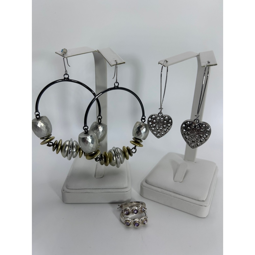 3 Pair Earring Lot Mixed Metal Hoops Filigree Heart Dangles Purple Stone Huggies
